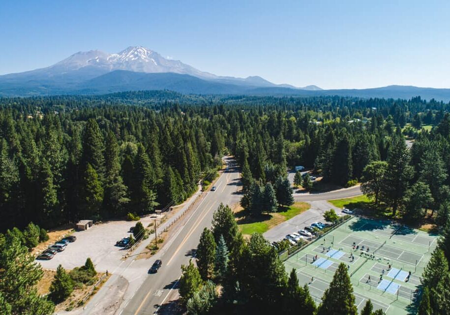 drone shot with mountain